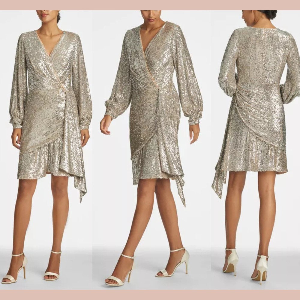 NWT $495 Sachin & Babi [ 6 ] Delaney Long Sleeve Sequin Dress‎ in Silver #J2171